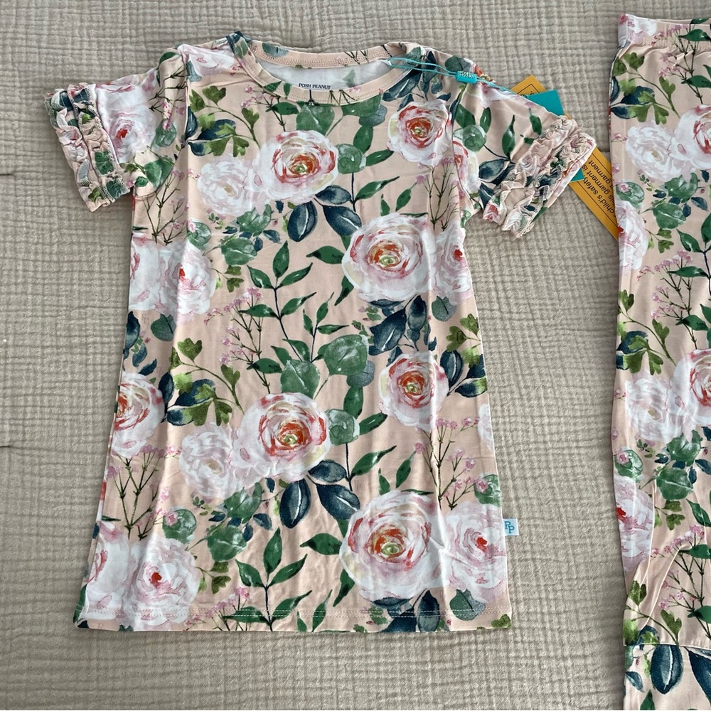 NWT Posh Peanut Harper Floral Bamboo Ruffle Short Sleeve & Pants Pajama Set 5T - Picture 2 of 4